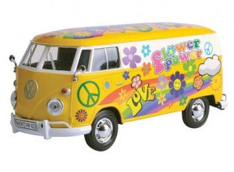 1:18 scale diecast model of yellow retro van with colorful flower power hippie artwork