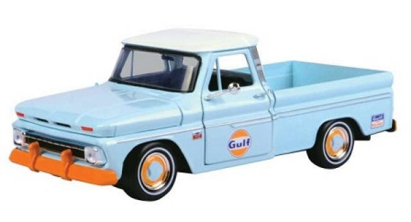 Diecast 1:18 scale blue vintage pickup truck model with Gulf logo, orange accents