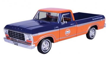 1:18 scale diecast model of a classic blue and orange Gulf pickup truck