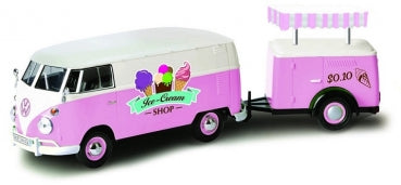 1:24 scale pink and white model ice cream van with matching trailer and colorful decals