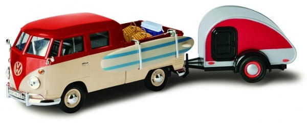 1:18 scale diecast VW pickup with surfboard and teardrop trailer model car