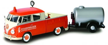 1:18 scale red and white Volkswagen diecast pickup truck model with silver tanker trailer