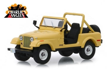 1:18 scale yellow Jeep CJ-7 diecast model car with Charlie's Angels logo, open top, black interior