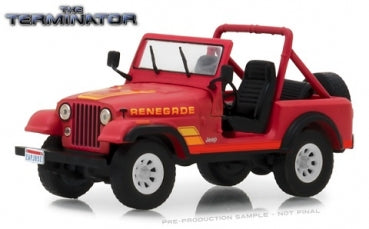 Red Jeep Renegade diecast model car with open top, Terminator movie edition, 1:18 scale.