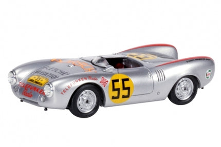 Silver diecast race car model with number 55, detailed decals, open cockpit, 1:18 scale