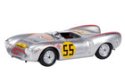 Silver diecast race car model with number 55, detailed decals, open cockpit, 1:18 scale