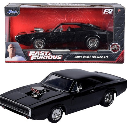 Fast & Furious Dom's Dodge Charger R/T diecast model car in black, boxed and unboxed views
