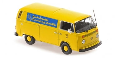 Yellow diecast Volkswagen van model with German postal service livery and blue side panel.