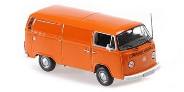 Orange diecast model van, vintage style, 1:18 scale, detailed miniature vehicle