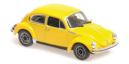Yellow diecast model car classic Beetle 1:18 scale with chrome accents on white background