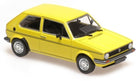 Yellow diecast model car, classic hatchback, 1:18 scale collectible, isolated on white