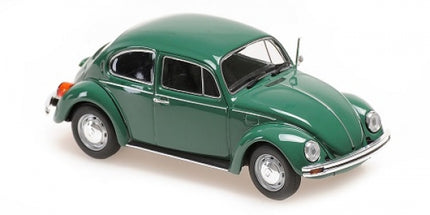 Green diecast model car, classic Volkswagen Beetle 1:18 scale, left side view