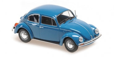 Blue classic Beetle 1:18 scale diecast model car with chrome details, side view