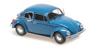 Blue diecast model car in 1:18 scale, classic Volkswagen Beetle, on white background