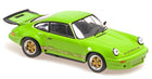 Green diecast Porsche model car 1:18 scale with gold wheels and rear spoiler