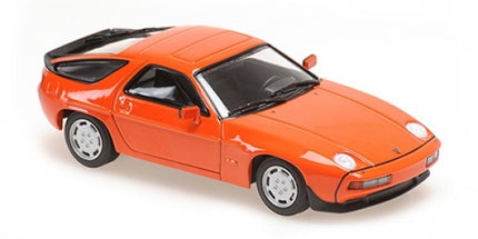 Orange Porsche 928 diecast model car 1:18 scale, detailed coupe design on white background