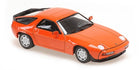Orange Porsche 928 diecast model car 1:18 scale, detailed coupe design on white background