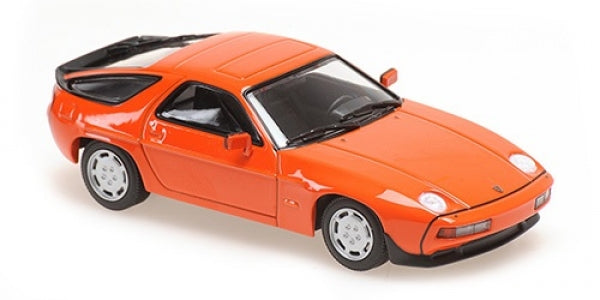 Orange Porsche 928 diecast model car 1:18 scale, detailed coupe design on white background
