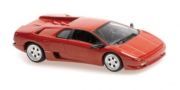 Red 1:18 scale diecast sports car model with detailed wheels and black windows
