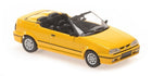 Yellow diecast convertible model car 1:18 scale with black interior, side view