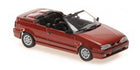 Red diecast convertible model car with black interior, 1:18 scale, on white background.