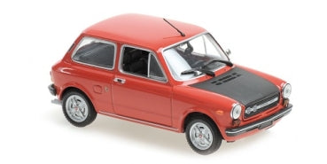Red diecast model car with black hood, 1:18 scale, classic compact design, isolated on white background