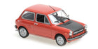 Red diecast model car 1:18 scale classic sedan with black hood on white background