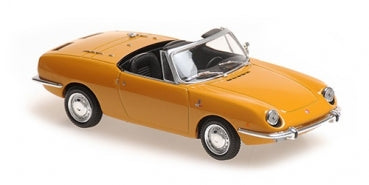 1:18 scale yellow diecast convertible model car with detailed interior and chrome trim
