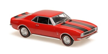 Red diecast model car with black racing stripes, 1:18 scale classic muscle car toy