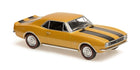 Gold diecast model car with black racing stripes, classic muscle car design, 1:18 scale