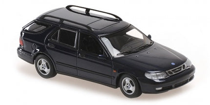 1:18 scale diecast black Saab 9-5 station wagon model car with roof rack, side view