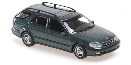 1:43 scale diecast model car, dark green Saab 9-5 station wagon, detailed exterior