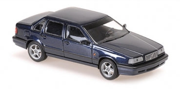 1:43 scale dark blue diecast sedan model car with silver wheels, side view