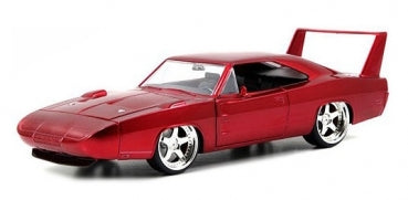 Red diecast model car with rear spoiler, racing rims, and sleek design, 1:18 scale collectible