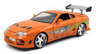 Orange diecast model sports car with custom graphics and rear wing, 1:18 scale collectible.