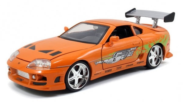 Orange diecast model sports car with custom graphics and rear wing, 1:18 scale collectible.