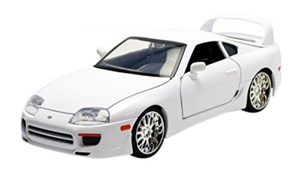 1:18 scale white diecast model car with rear spoiler and detailed wheels