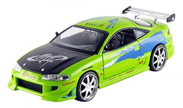 Green and black diecast model sports car with racing graphics and rear spoiler