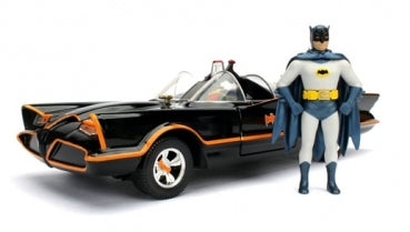1:18 scale diecast Batmobile car model with matching Batman figurine, black and orange details