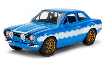 1:18 scale blue diecast model car with white stripe and gold wheels, classic rally style