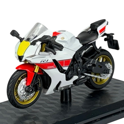 1:18 scale diecast Yamaha R1 model motorcycle in white with red and gold details on display