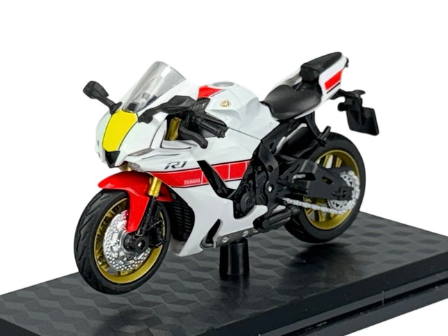 1:18 scale diecast Yamaha R1 model motorcycle in white with red and gold details on display