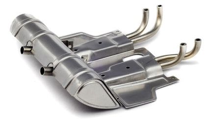 Detailed diecast model car dual exhaust system with chrome finish, isolated on white