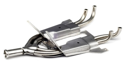Metal diecast model car exhaust system part on white background