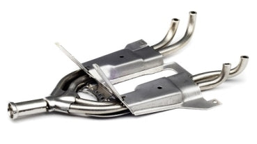 Diecast model car exhaust system part in silver, detailed metal pipes and mufflers on white background