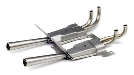 Detailed diecast model car exhaust system parts, chrome finish, white background