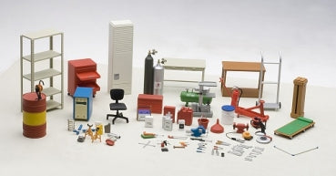 1:18 scale model garage accessories set with shelves, tools, oil drums, and workbenches