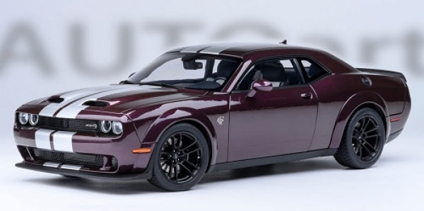 1:18 scale diecast model of a maroon Dodge Challenger with white racing stripes