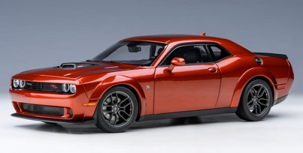 1:18 scale diecast model car in metallic orange, detailed Dodge Challenger replica.