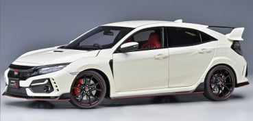 1:18 scale white diecast model car with black wheels and rear spoiler, sporty design